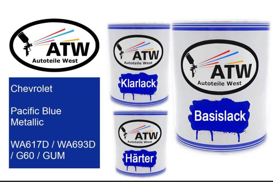 Chevrolet, Pacific Blue Metallic, WA617D / WA693D / G60 / GUM: 1L Lackdose + 1L Klarlack + 500ml Härter - Set, von ATW Autoteile West.